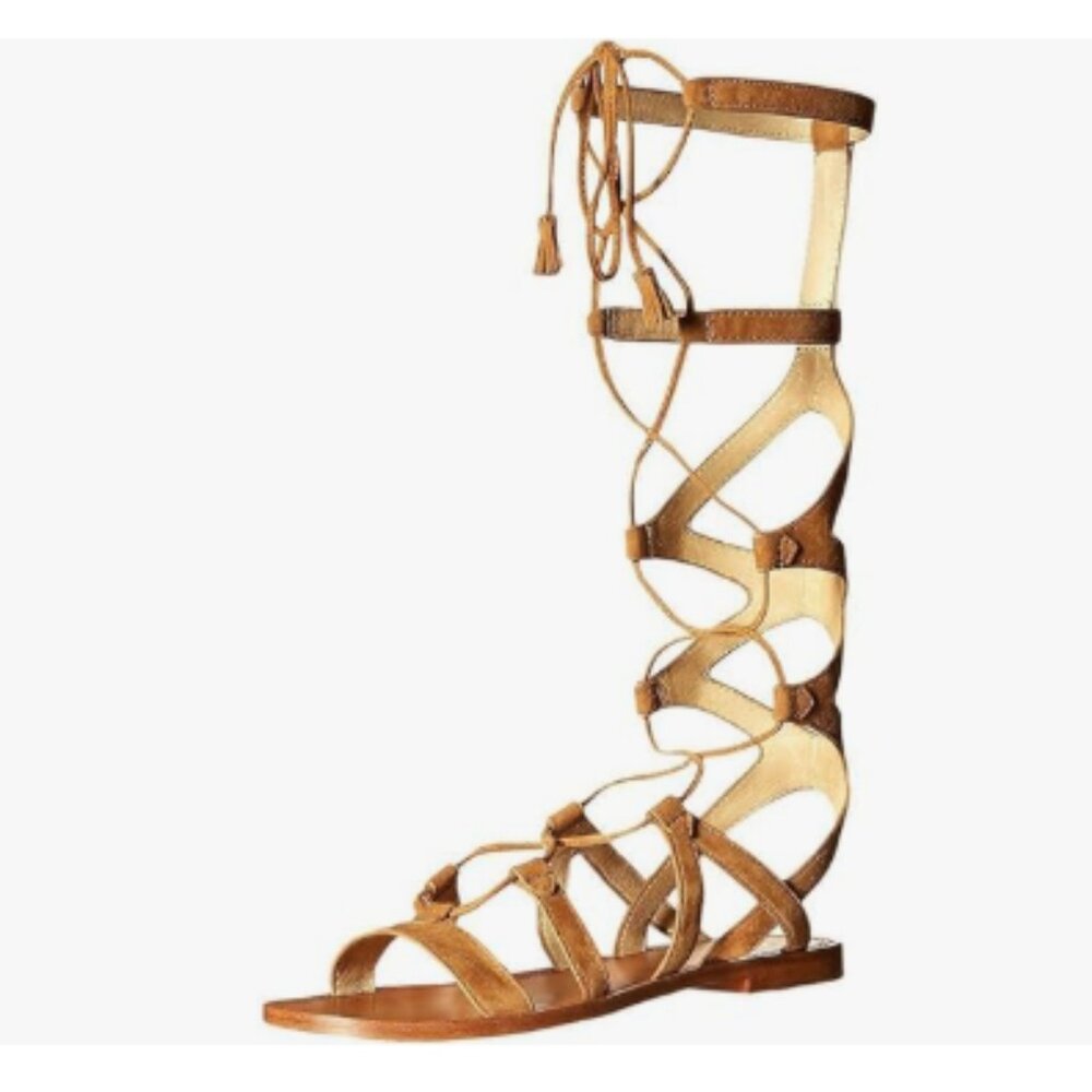 YDN Tan Sexy Knee High Lace up Flats Fringe Low Heel Gladiator Strap Sandals